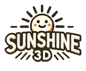 Logo of Sunshine 3D with a smiling sun design on a white background